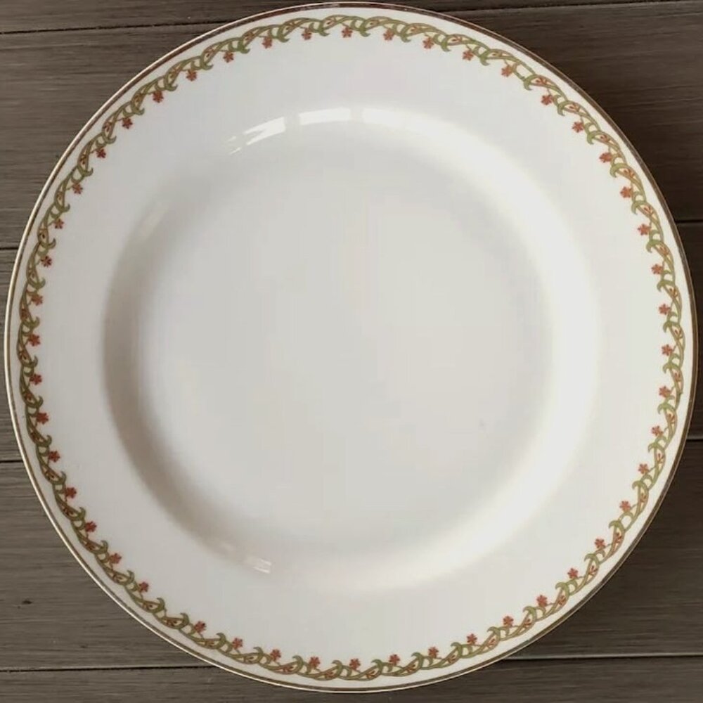 Haviland Limoges Dinner Plate with Red Rose Floral Band Trim Border Greenery